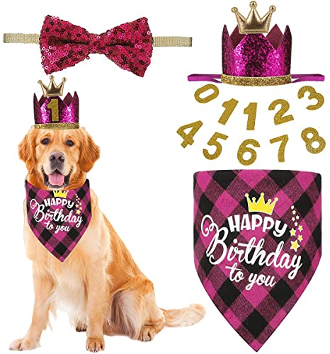 Krone-Hunde-Geburtstagsmütze, 4 Stück, niedlicher Hunde-Geburtstagsmütze und Bandana mit Hundefliege und goldenen Zahlen, wiederverwendbar für Haustiere Welpen Katzen kleine mittelgroße Hunde (rosa)