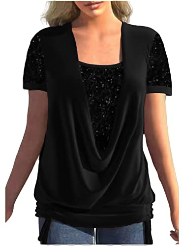 KCatsy Women Real Sequin Embellished Sparkly Glitter Pull-On Short Sleeve Solid Colour Plain Mock Two-Piece Summer Top U-Neck Shirt Loose T-Shirt Tee Date Night Blouse A Black 4XL 22