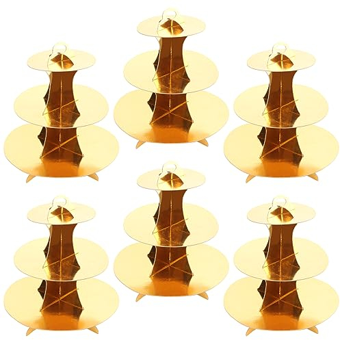 ZEONHEI 6 Pack 3 Tier Gold Cardboard Cake Stand, Round Cardboard Cupcake Tower Holder, Cupcake Display Stand for Birthday Party, Christmas Party, Wedding