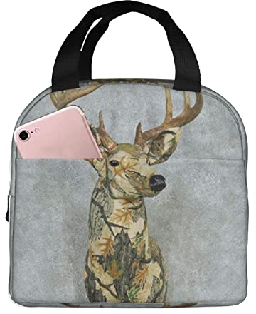 Aotximlat Isolierte Lunch-Tasche, wiederverwendbare Kühltasche, Lunch-Tragetasche, Camouflage, Hirschkopf, Geweih, Thermo, auslaufsicher, Lunchhalter für Männer, Frauen, Kinder, Picknick, Arbeit,