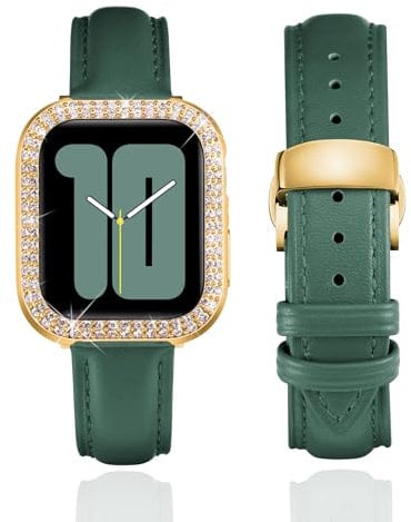 BINLUN Leather Strap Compatible with Apple Watch 45mm 44mm 41mm 40mm Women Leather Band with Glitter Diamond Rhinestone Case Compatible with iWatch Series 9/8/7/SE2/SE/6/5/4(41mm,Green)