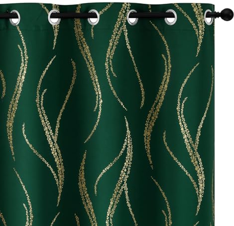 Yakamok Verdunkelungsvorhänge, 183 cm Länge, Wohnzimmer, wärmeisoliert, goldfarben, Wellenlinie, Punkte, Muster, Vorhänge mit Ösen, für Schlafzimmer, Smaragdgrün, B 132 x L 183 cm, 2 Paneele