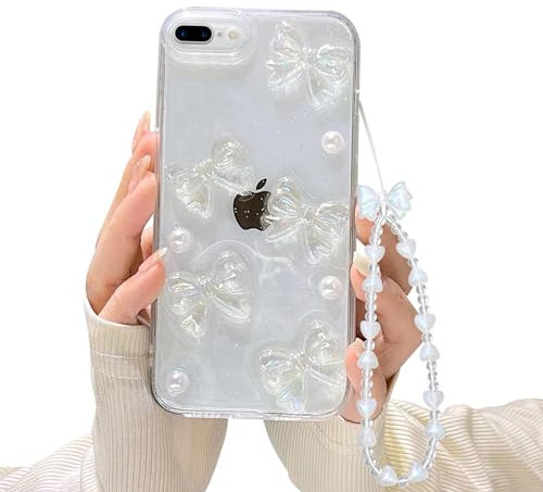 Ownest Compatible with iPhone 7 Plus/iPhone 8 Plus Case with Clear Cute 3D Bowknots and Pearl Aesthetic Patterns for Women Girls, Glitter Sparkle Back and Full Lens Protective Phone Case Cover+Chain