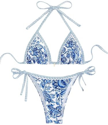 BYFINECANY Damen-Badeanzug, Blumenmuster, Neckholder, Paisleymuster, Sommer-Badeanzug, Bikinis-Set, Blau, S