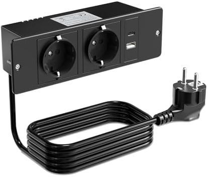 BrightArk Angolare Multipresa Elettrica con 2 USB C 20W, Ciabatta con Interruttore a 2 Prese, PD 10W USB A, 10A/2400W, ciabatta integrata Presa da Tavolo per mobili da tavolo o piani di lavoro, nero