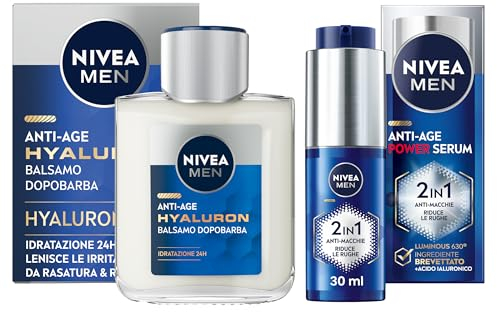 NIVEA MEN Set für Herren Mit Anti-Falten-Gesichtsserum, Age Power Serum, Flecken-Serum, 30 ml Mit Luminous630 und Hyaluron, After Shave Balsam, 100 ml Mit Hyaluronsäure