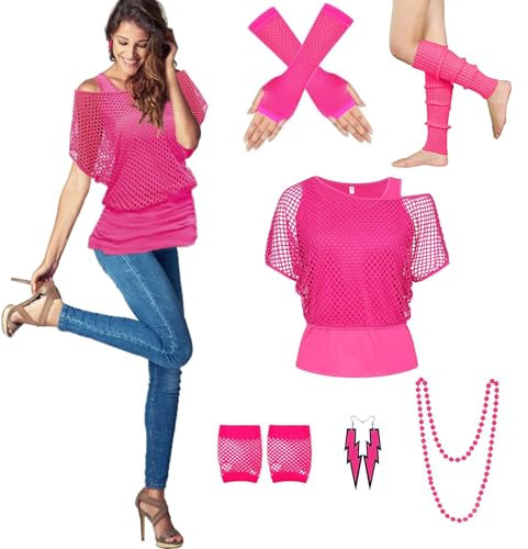 80er Jahre Outfits Damen Set,Netzshirt,Tank top,Beinwärmer,Netzhandschuhe,Ohrring, Halskette,80er Jahre Kostüm Outfits Netzoberteil Damen Tops Neon Shirt Thema Party Karneval (Rosa, M)