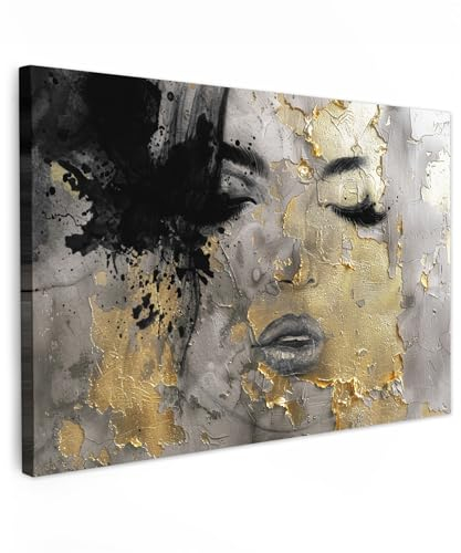 MuchoWow© Leinwand Bilder Groß 120x80 cm XXL Wanddeko Wohnzimmer Aesthetic Room Decor Deko Zimmer Wandbilder Moderne Bild auf Leinwand Frau - Kunst - Gold - Schwarz