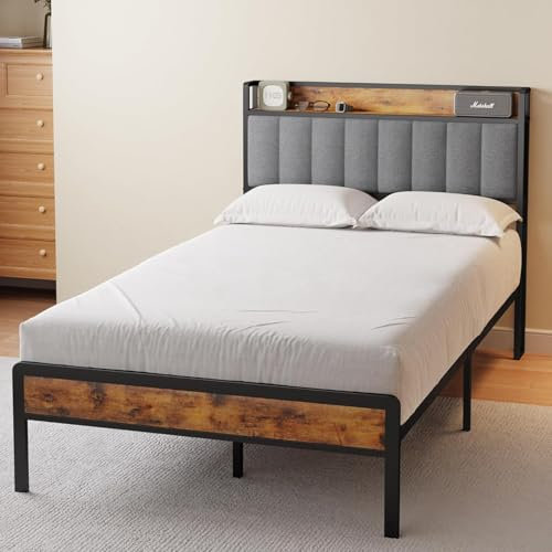 Bealife Polsterbett, Holzbett mit Metallbettgestell, gepolstertes Podest, Doppelbett mit Holzlattenrost, Stützkopfteil, Bettrahmen (Grau, 120 x 200 cm)