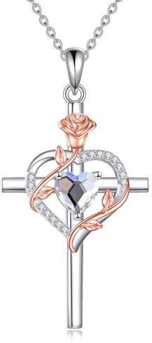 Rose Kreuz Kette 925 Sterling Silber Herz Kruzifix Anhänger Birthstones Schmuck Geschenke für Damen