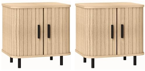 HOMCOM Lot de 2 tables de chevet de style nordique avec 2 niveaux et porte coulissante, table de chevet pour chambre à coucher en bois et acier, 48x40x48 cm, chêne