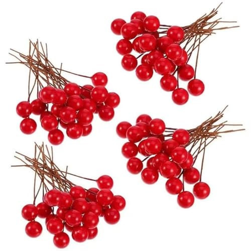 Yunmoxiao 100 mini bacche di agrifoglio artificiali da 12 mm, steli per albero di Natale, ghirlande, ghirlande, decorazioni fai da te