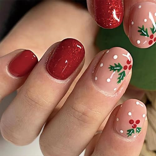 French Press On Nails Kurz, 24 Stück Nägel zum aufkleben Fake Nails, Rote Glitzer Weihnachtsbaum, Selbstklebende Kunstnägel, Glänzende FakeNails für Weihnachts-Nail Art (Rot Glitzer, 24PCS)