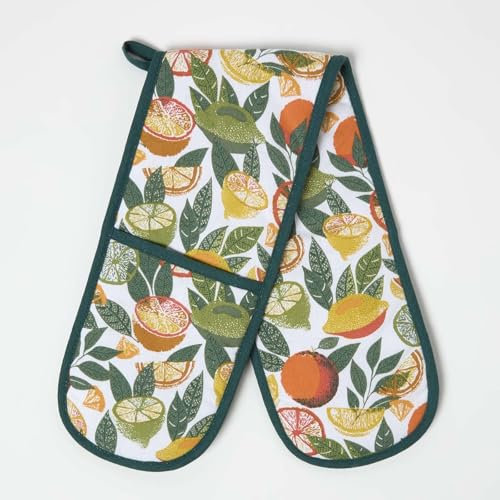 HOMESCAPES Premium Oven Gloves Heat Resistant, 100% Cotton, Heavy Duty Double Oven Gloves, Potholders for Chefs, Kitchen, Cooking, Baking & Grilling, Vibrant Citrus Print - Lemons, Limes & Oranges