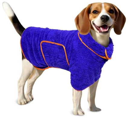 Hundebademantel Schnell Trocknend Badetuch aus Mikrofaser, Bibykivn Einstellbar Hundehandtuch mit Klettverschluss, Saugfähiger Hunde Bademantel mit Hut für Große Mittlere Hunde (Blau 1, M)