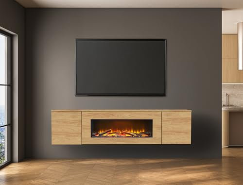Acantha Orion Electric Floating Media Wall Suite/Fireplace, Oak, 91 Inch