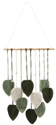 Macrame Wall Hanging Green Leaf Tassel Tapestry, Chic Home Decor | Handmade Woven Leaves Wall Decor Aesthetic Ornament for Bedroom Living Room Dorm Office Apartment
