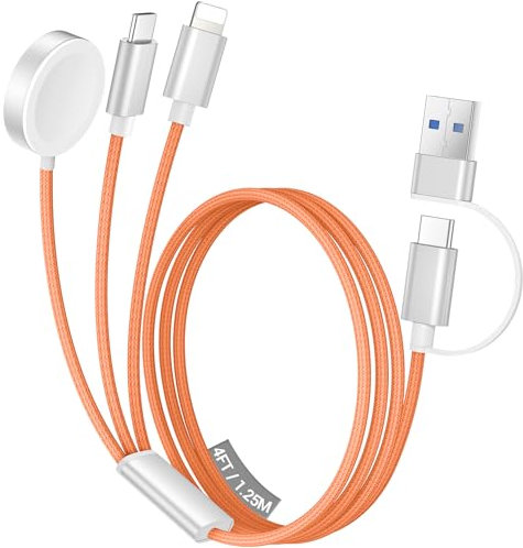 Temdan for Apple Watch Charger,3 in 2 USB C Cable for iPhone 16 Charger/Type C/Lightning,Multi Charging Cable Cord,Portable Travel Essentials Designed for iWatch Ultra/SE/10-1&iPhone 16-12-Orange