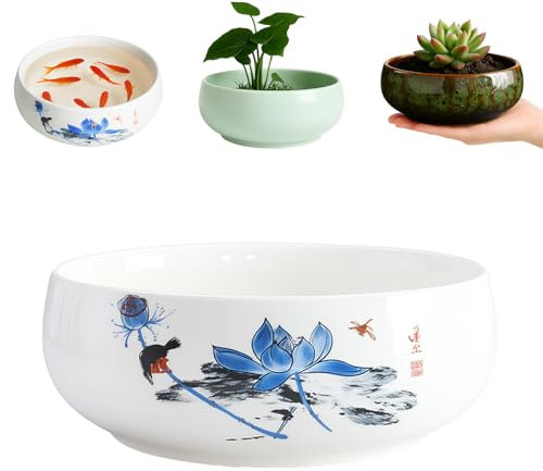 JWShang Lotus Bowl Planter for Planting in Water Indoors, Round Ceramic Lotus Flower Pot, Outdooor Garden Decorative Leak-Proof Bonsai Bowl for Lotus Seeds, Water Lily, Succulents (Flower)