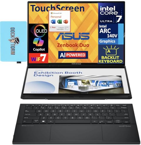 ASUS Zenbook Duo AI Powered 2-in-1 Laptop 14.0 Touchscreen OLED 2.8K Display (Intel Ultra 7-255H, 32GB LPDDR5X, 2TB PCIe SSD, Backlit KB, Win 11 Pro) w/MS 365 Personal, DKZ USB Port Expander