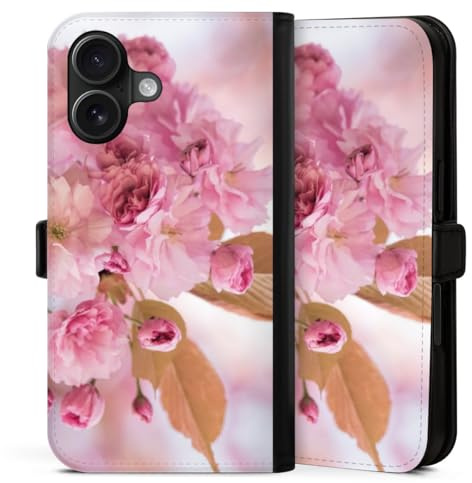 Custodia a portafoglio compatibile con Apple iPhone 17 Custodia per cellulare di similpelle nera Cover a libro Fuori di ciliegia Petali Fioritura