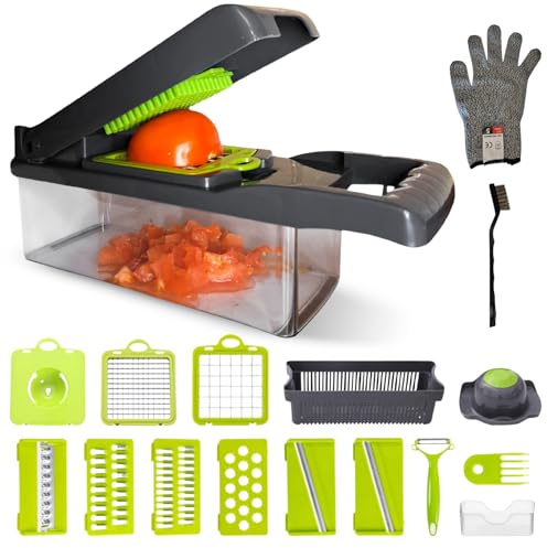Elyrona – Mandoline cuisine 16 en 1, coupe-légumes multifonctions avec notice incluse – hachoir manuel, râpe légumes, coupe oignon, julienne, pour légumes frais du quotidien