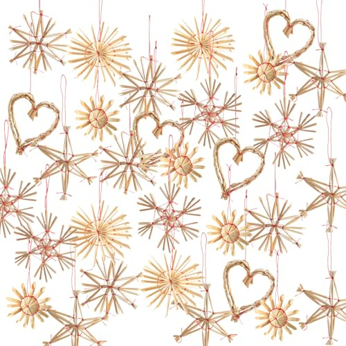 Strohsterne Anhänger Set 32 Stück – Weihnachtsdeko 5–7 cm – Natur Stroh Figuren mit Band – Herzen, Sterne, Schneeflocken – Logbuch-Verlag