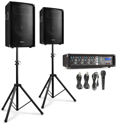 Vonyx VX210 Karaoke Anlage mit Lautsprecher – 800W Soundsystem mit 2X 10 Lautsprechern, 4-Kanal-Mixer mit integriertem Verstärker, Mikrofonanschlüssen & 2X Stativ – Karaoke-Set für Zuhause & Events