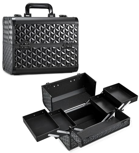 Professional Vanity Case Large Makeup Box Lockable Makeup Case Beauty Organiser Cosmetic Make Up Organiser Box 4 Trays with Keys