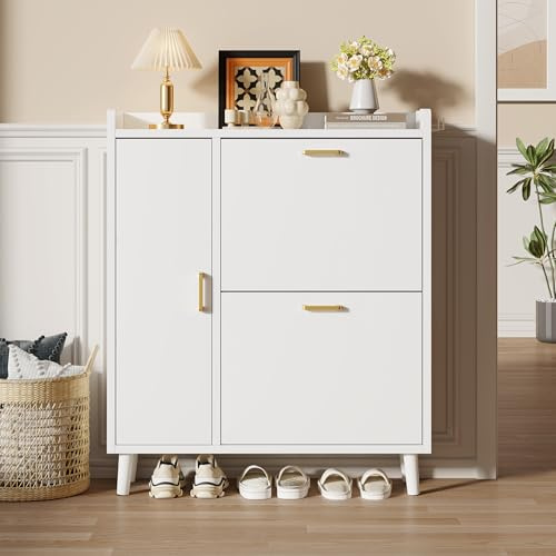 Ztexkee Zapatero 2 Puertas Estrecho Mueble Zapatero con 2 Ganchos y 1 Compartimento para Botas, 4 Patas de Madera Maciza para Sala de Estar, Pasillo de Entrada, 80x24x96cm Blanco