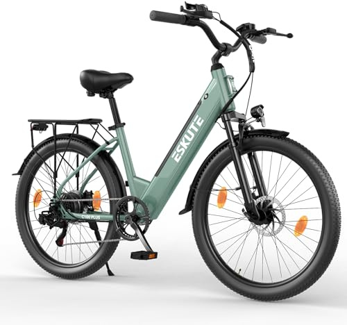 ESKUTE C100 Plus E-Bike, 26 Zoll Elektrofahrrad, E-Cityrad 250W HeckMotor, 36V 13Ah Wechselakku, bis zu 100km, LCD-Display, Tiefeinsteiger E-CityBike mit-Fahrradtasche