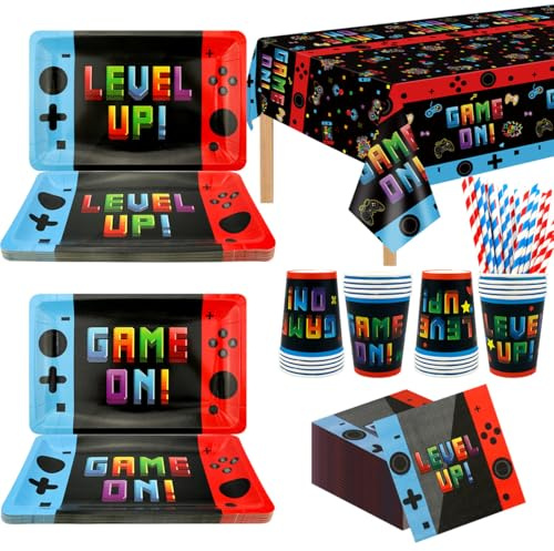 FuenteOrilla Video Game Birthday Decorations, 20 Guests, Gamer Birthday Party Decorations Includes Plates, Napkins, Cups, Tablecloth, Straw for Boys Gaming Party Supplies