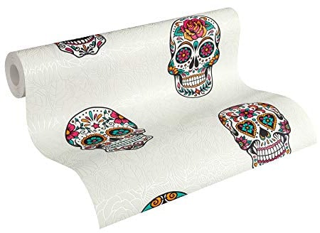 A.S. Création Vliestapete Club Tropicana Tapete mit Sugar Skulls 10,05 m x 0,53 m bunt metallic weiß Made in Germany 358172 35817-2