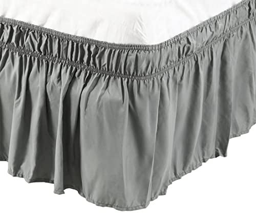 sourcing map Cache Sommier Jupe de Lit en Polyester Brossé Enroulé Autour de Trois Côtés en Tissu Volant Anti-poussière élastique 38cm de Chute Gris Foncé 200x203cm
