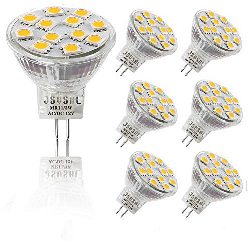 JSVSAL (Pack of 6 3W MR11 LED Light Bulbs, GU4 Bi-Pin Base,120° Beam Angle, 12V AC/DC, 20W/30W Halogen Bulbs Equivalent,Landscape/Accent/Recessed/Track Lighting, Dimmable, Soft White 3000K