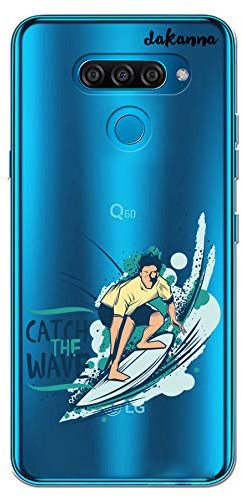 dakanna Kompatibel mit [LG K50] Flexible Silikon-Handy-Hülle [Transparenter Hintergrund] Junge mit Surfbrett und Phrase: Catch Wave Design, TPU Case Cover Schutzhülle für Dein Smartphone