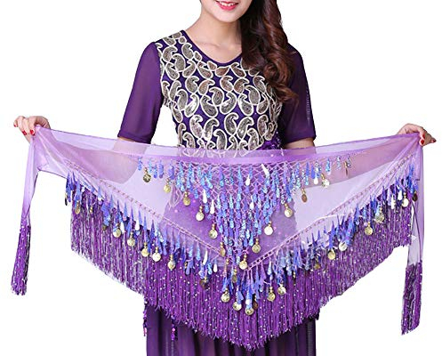 YAOTT Damen Chiffon Hüfttuch Münztuch Münzgürtel Bauchtanz Gürtel mit Pailletten und Münzen Bauchtanz Samba Belly Dance Lila One Size
