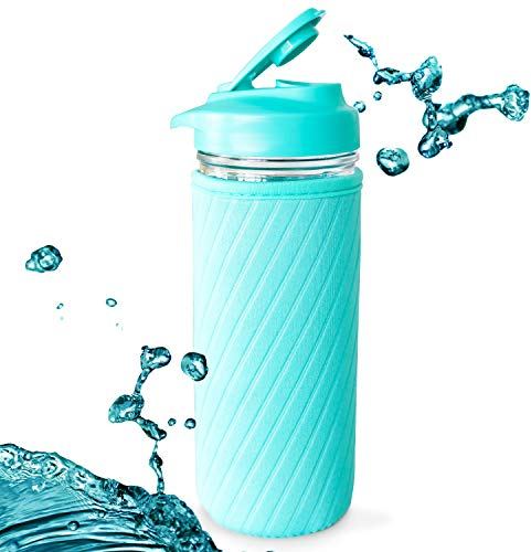 Masontops Lot de 3 bouteilles d'eau Mason Jar - 1 pot à bouche régulière - 1 pochette isolante turquoise - 1 couvercle à boisson turquoise