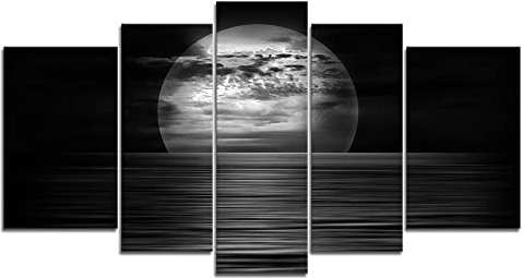 5 Teiligs Bild Der Mond auf dem Meeresspiegel,Mondnacht Schwarz und weiß Leinwand Bilder,Wandbilder Wohnzimmer Leinwandbild Modern Kunstdruck für Schlafzimmer Wanddeko (Bereit zu Hängen)