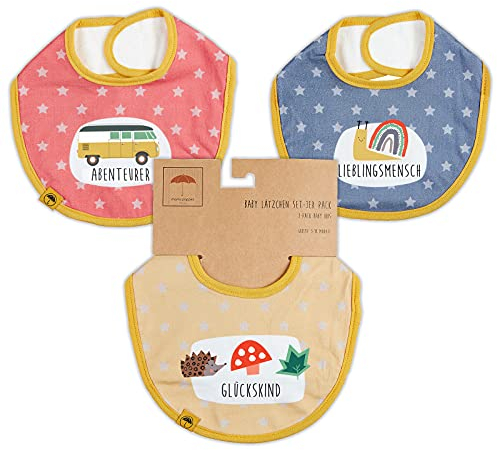 Mama Poppins | Premium Babylätzchen [3er Set] mit süßen Schriftzügen aus 100% Bio-Baumwolle mit Klettverschluss und absorbierender Frottee Rückseite.