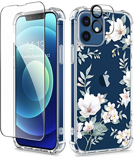 GVIEWIN for iPhone 12 Case/iPhone 12 Pro Case Flower with Screen+Lens Films | Soft TPU, Thin, Shockproof, Clear Flower Cover for Girls Women 6.1 2020,Magnolia/White