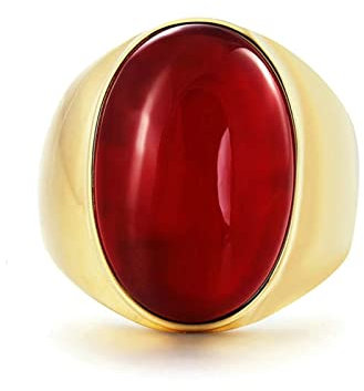 Gothic Ringe, Verlobungsring Mann Roter Ovaler Stein Gold Rot Edelstahl Größe 57 (18.1)