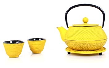 ECHTWERK Service à thé en fonte, théière 0,8 L avec passoire amovible, théière avec soucoupe, set de théières au design vintage pour la préparation de thé en vrac, jaune