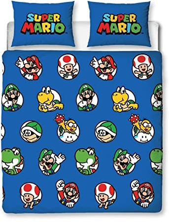 Nintendo Super Mario Offizielles Bettbezug-Set für Doppelbett, Continue Design, blau, wendbar, zweiseitig, Bettbezug, offizieller Merchandise-Artikel inklusive passenden Kissenbezügen