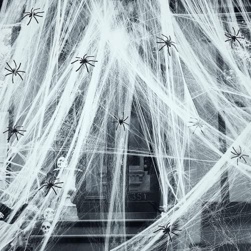 60g Spinnennetz,30St Plastik Spinnen,Gruselig Halloween Dekoration Spinnweben für Outdoor Indoor Garten,Esstisch,Tür,Decke,Fenster,Horror Spukhaus Hof Grusel Deko Spinnennetze,Spinnenweben Deko