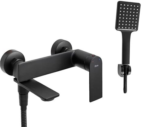 Rea Badewannenarmatur STORM BLACK Wasserhahn Badewanne Einhebel Wannenarmatur mit Handbrause Badarmatur aus Messing Mischbatterie Wandmontage (Schwarz)