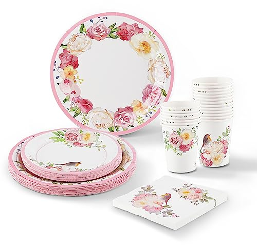 fanquare Floral Party Supplies 20 Guests Paper Plates Cups Napkins for Garden Party Decorations Birthday Baby Shower