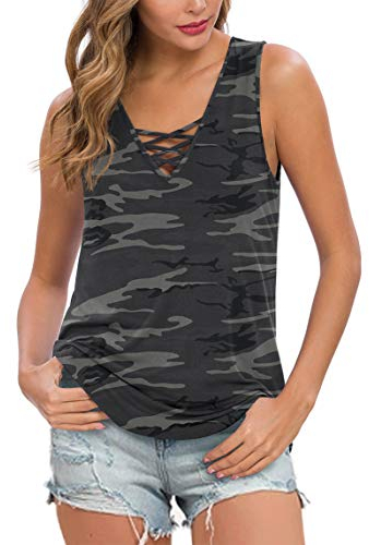 Ninee Damen Sommer ärmellose Criss Cross Casual Tank Tops Basic Bluse (Grey Camo,XX-Large)