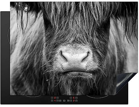 KitchenYeah© Herdabdeckplatte Einteilig Küche Herdabdeckung Induktionsfeld Ceranfeld Herdabdeckplatten Vinyl Matte Aufrollbar Schottisches Hochlandrind - Kuh - Schwarz und Weiß - Tiere - 71x52 cm