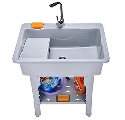 Bac à Linge Évier Utilitaire Lavabo, Évier à Linge Autoportant en Plastique avec Planche à Laver, Évier Utilitaire en Plastique, Meuble de Rangement pour Évier sur Pied pour Buanderie Garage Sous-Sol